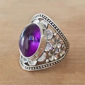Ornate Silver Ring with Faux Amethyst Stone